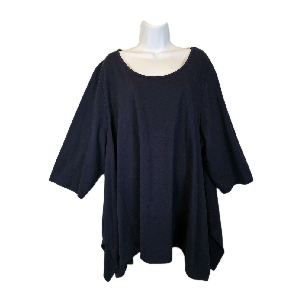 Woman‎ Within Top Womens 3X (30/32) Navy Blue Tunic 3/4 Sleeve Handkerchief Hem